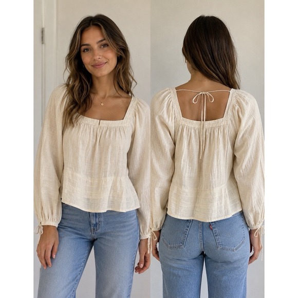 O'Neill Tops - O'Neill Ivory Cotton Square Neck Peasant Balloon Sleeve Tie Blouse M